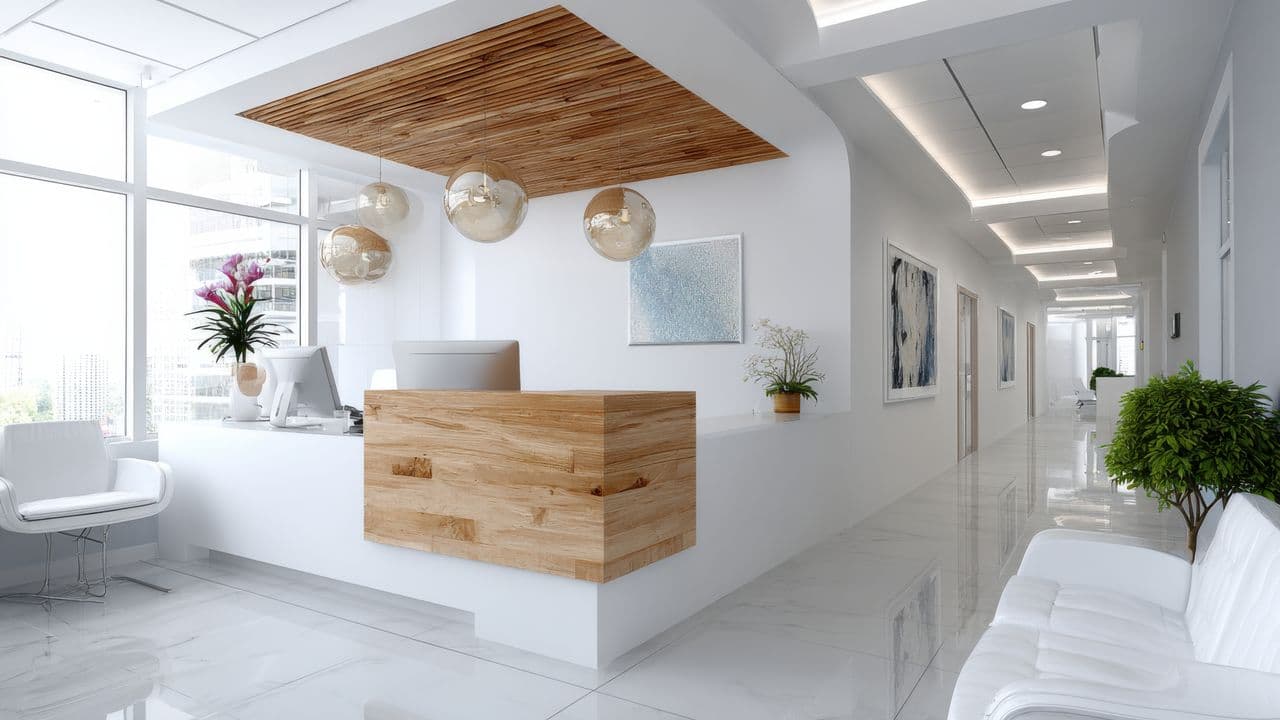 Arztempfang in Weiß und Holzoptik